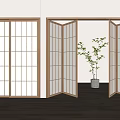 White Folding Doors with Wooden Lattice Open in Interior Featuring Green Plant and Wooden Floor