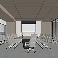 Modern Conference Room With Long Table Projection Screen Large Windows And Wooden Walls
