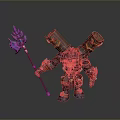 Man in Tribal Warrior Outfit Holding Blue Weapon with Scrolls on Back