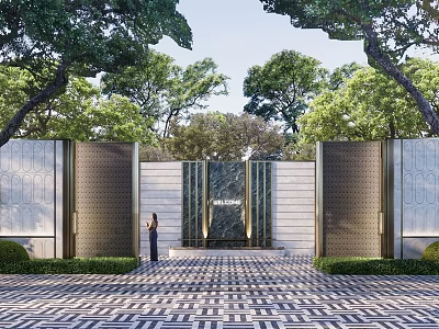 Modern Feature Wall Design With Metal Grilles Stone Panels And Green Trees 3d model