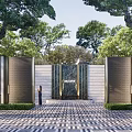 Modern Feature Wall Design With Metal Grilles Stone Panels And Green Trees