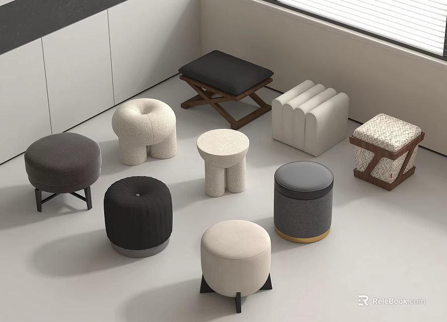 Modern Various Stools Designs With Fabric Upholstery Wooden Legs And Different Shapes 3d model 