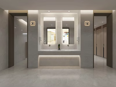 Modern Public Toilet Interior With Marble Sink Counter Double Mirrors And Gender Signs 3d model