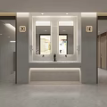 Modern Public Toilet Interior With Marble Sink Counter Double Mirrors And Gender Signs
