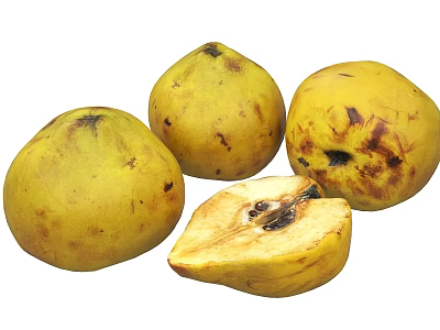 Fresh Yellow Guavas With Brown Spots Whole And Cut Open Showing Seeds 3d model