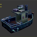 Small Blue Cargo Boat Featuring Cabin Packages Chimney Lifebuoy And Oar