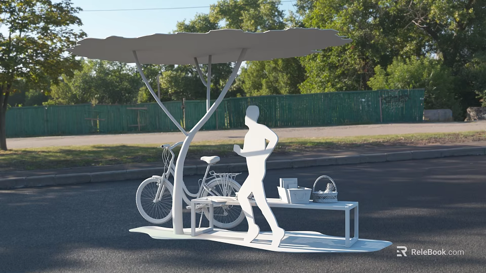 Modern Roadside Facility with Canopy Bicycle Parking Table and Runner in Green Surroundings 3d model 