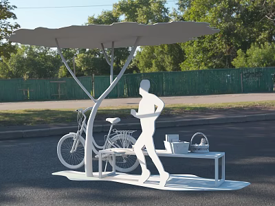 Modern Roadside Facility with Canopy Bicycle Parking Table and Runner in Green Surroundings 3d model