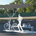 Modern Roadside Facility with Canopy Bicycle Parking Table and Runner in Green Surroundings
