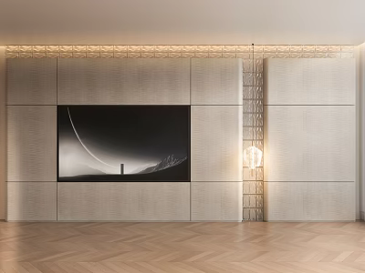 Modern Living Room TV Background Wall With Decorative Painting Wooden Herringbone Floor And Pendant Light 3d model