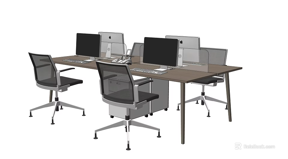 Long Brown Office Desk With Multiple Computer Monitors And Ergonomic Office Chairs 3d model