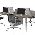 Long Brown Office Desk With Multiple Computer Monitors And Ergonomic Office Chairs 3d model