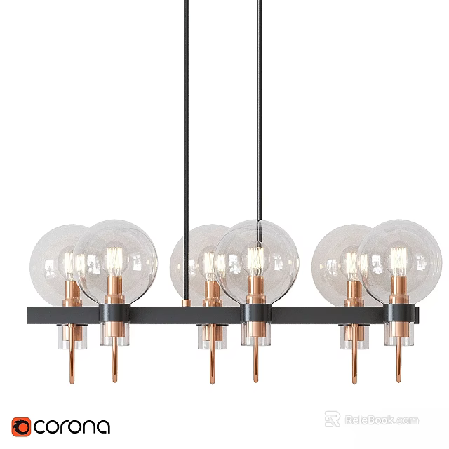 Modern Chandelier with Transparent Glass Globes Black Copper Metal Frame and Visible Light Bulbs 3d model 