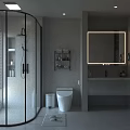 Modern Bathroom Interior With Glass Shower Toilet Vanity Mirror Storage Shelf And Blinds