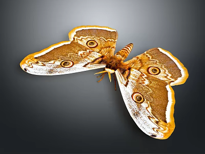 Giant Moth with Brown Yellow and White Patterned Wings Featuring Prominent Eyespots Against Dark Background 3d model