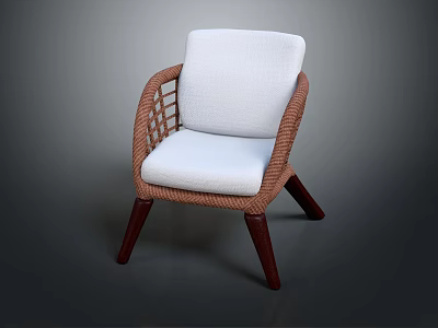 Modern Design Wicker Leisure Chair With White Cushion And Dark Wooden Legs 3d model