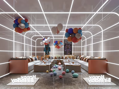 Modern KTV Interior For Birthday Party With Colorful Balloons And Comfortable Sofas 3d model