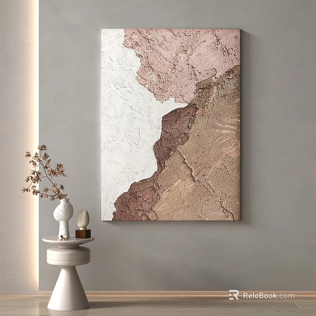 Textured Abstract Wall Art With Pink White Brown Tones And Decorative Vase On Small Table 3d model 