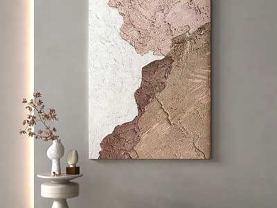 Textured Abstract Wall Art With Pink White Brown Tones And Decorative Vase On Small Table 3d model