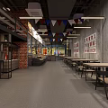 Two Story Restaurant Interior With Wing Shaped Lighting Concrete Walls Red Brick Accents And Tables