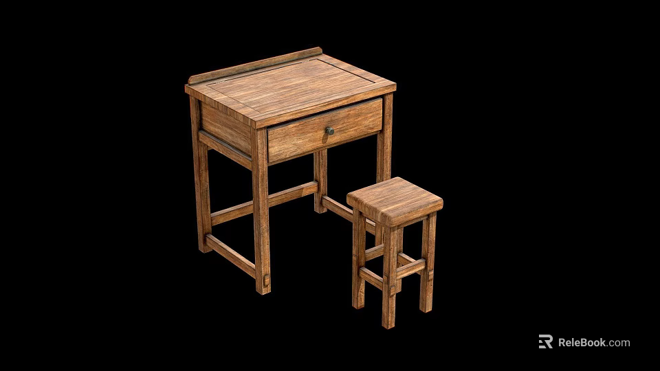 Simple Design Solid Wood Desk with Matching Stool for Home Study 3d model
