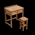 Simple Design Solid Wood Desk with Matching Stool for Home Study 3d model