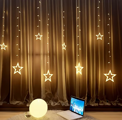 Star Shaped Decorative Lights Hanging On Curtains With Warm Cozy Glow 3d model