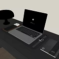 Open Apple Laptop On Black Desk With Silver Desk Lamp Mouse Phone And Notebook