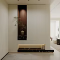 Modern Foyer Hallway Interior Design With Wooden Niche Green Plant Vase And Marble Countertop