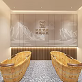 SPA Sauna Lobby Interior With Marble Reception Desk Red Beige Shelves And Green Plant