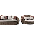 Outdoor Wicker Sofa with Round Rectangular Designs and Brown Beige Cushions 3d model
