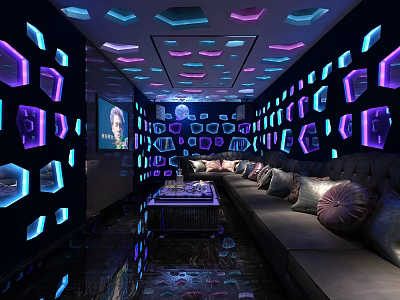 Modern KTV Room Interior With Purple Blue Lighting Comfortable Sofa Coffee Table And TV Screen 3d model