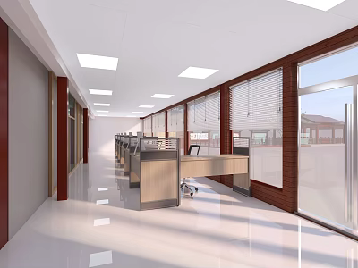 Cultural Center Interior With Spacious Corridor Office Desks Large Windows Blinds And Bright Design 3d model