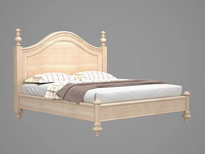 Light Colored Wooden Double Bed With Curved Headboard Cylindrical Posts And Pillows 3d model