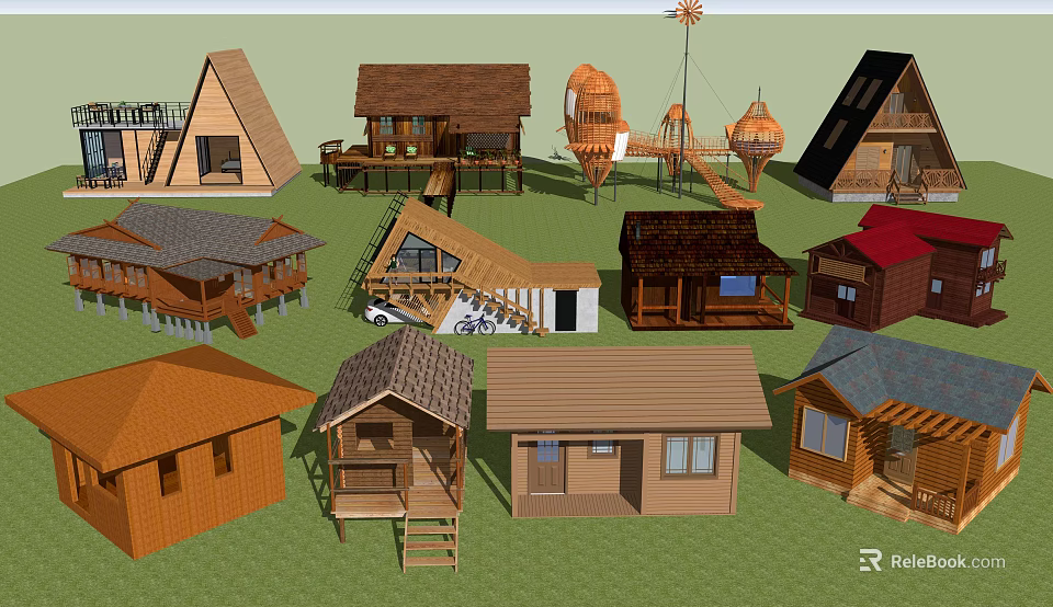 Diverse Boutique Guesthouse Architecture With Unique Roof Designs Wooden Verandas And Rustic Elements 3d model 