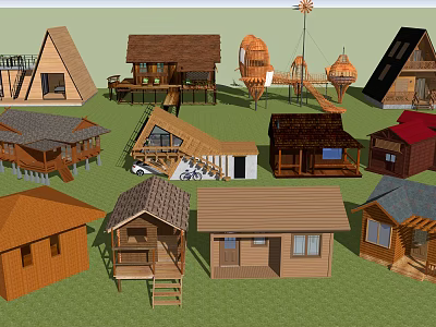 Diverse Boutique Guesthouse Architecture With Unique Roof Designs Wooden Verandas And Rustic Elements 3d model