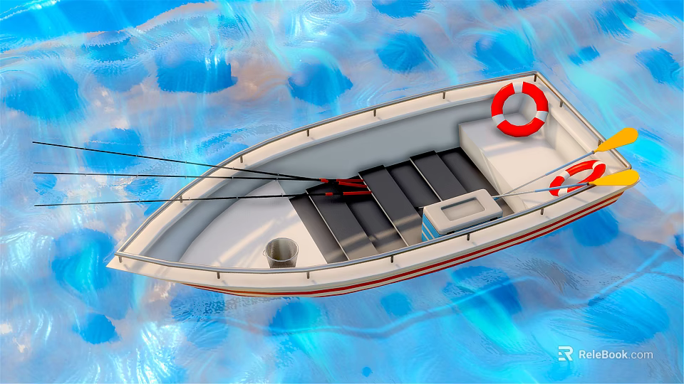Small White Boat Floating On Blue Water With Red Lifebuoy And Simple Equipment 3d model 