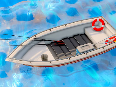 Small White Boat Floating On Blue Water With Red Lifebuoy And Simple Equipment 3d model