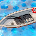 Small White Boat Floating On Blue Water With Red Lifebuoy And Simple Equipment