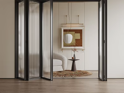 Black Frame Folding Glass Doors In Modern Living Room With Sofa Table And Wall Art 3d model