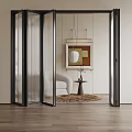 Black Frame Folding Glass Doors In Modern Living Room With Sofa Table And Wall Art