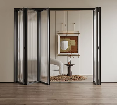 Black Frame Folding Glass Doors In Modern Living Room With Sofa Table And Wall Art 3d model