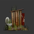 Cartoon Scene Showing Wooden Outhouse Red Door Grass on Roof White Toilet and Surrounding Logs
