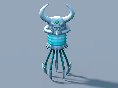 Game Character with Large Horns Green Eyes Blue Mechanical Insect Like Body and Spiked Legs 3d model