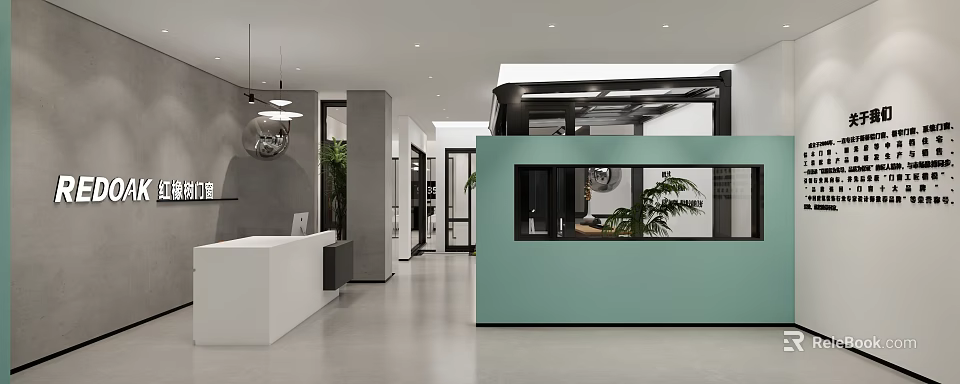 Modern Exhibition Hall Open Space Interior With White Reception Desk Green Plants And Teal Partition 3d model 