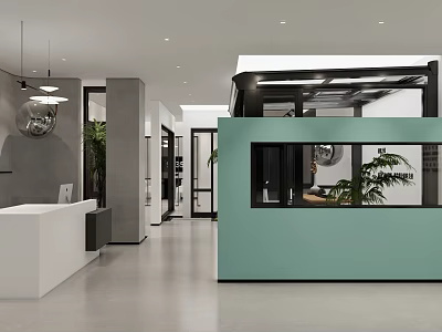 Modern Exhibition Hall Open Space Interior With White Reception Desk Green Plants And Teal Partition 3d model
