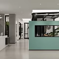 Modern Exhibition Hall Open Space Interior With White Reception Desk Green Plants And Teal Partition