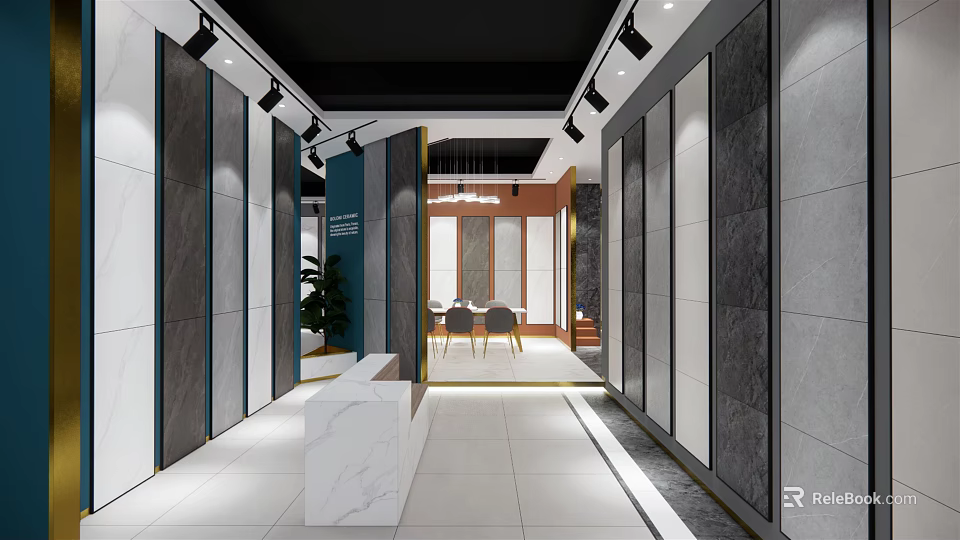 Modern Interior Showroom With Marble Reception Desk Display Walls And Lighting 3d model 