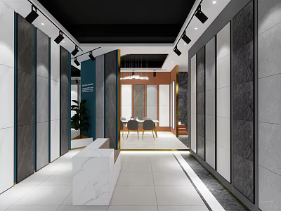 Modern Interior Showroom With Marble Reception Desk Display Walls And Lighting 3d model