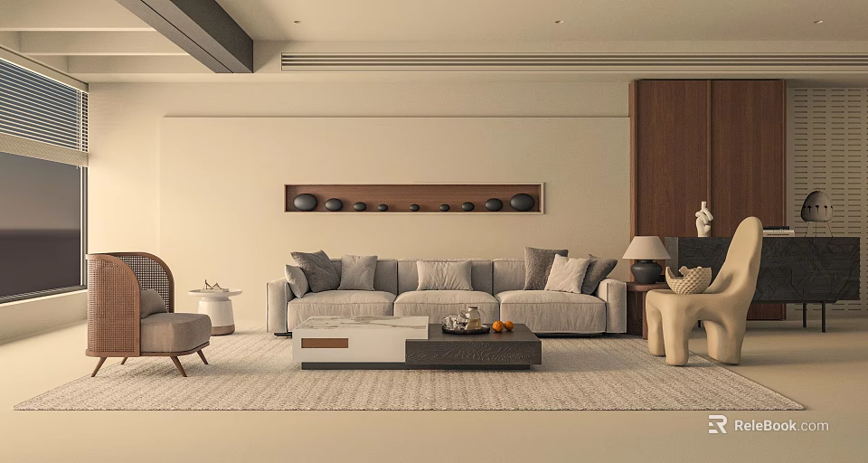 Modern Living And Dining Room Interior With Beige Sofa Coffee Table And Decorative Shelf 3d model 